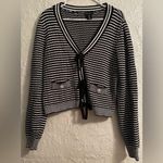 Nicole Miller black/white striped cardigan with pearl buttons, black bows;size L Size L Photo 0