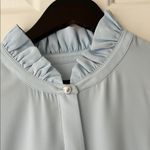 Talbots Blue Long Sleeve Ruffled Blouse with Mandarin Collar and Pearl Accents Photo 2