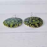 Vintage Dangle Earrings Extra Large Painted Shell Green & Black Photo 2