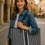 Tory Burch Gemini Link Canvas Tote Navy Black Striped Chain Print Large Bag Photo 0