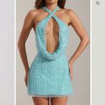 Oh Polly “Sylune Embellished Cowl-Neck Backless Mini Dress” in Aqua Blue Photo 3