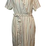 Lake Flower Striped Midi Dress‎ Casual Button Front with Belt Size L Linen Blend Tan Size L Photo 0