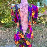 Vintage 80s Tess Dress Bright‎ Tropical Floral Tie Waist Made Hong Kong Size 6 P Red Photo 5