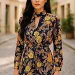 Lucca Couture Lucca Womens Romper Sz M Navy Blue Yellow Orange Floral Print Shorts Long Sleeve Photo 1