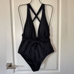Cup she One Piece Black Swimsuit Cut Out Cross Back V Neck Ruched High Cut L NWT Photo 1