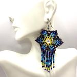 Blue yellow purple long beaded statement earrings Photo 0