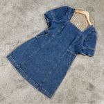 SO  Women’s Denim Mini Dress Square Neck Puff Sleeve Smocking Panels Size L Photo 3