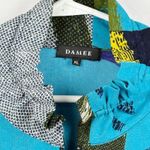 Damee Women's XL Abstract Print Zip Front Jacket Blue Yellow Green Ruffle Collar Photo 2