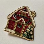 NWOT Signed SFJ Christmas Holiday Brooch Pin Enamel Red House with Tree And Snow Photo 0
