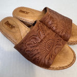 Born Brown Tooled Leather Slide Slip On Sandals Womens 6 Beachy Vacation Shoes Photo 0