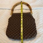 Vintage Brown Macrame Crochet Boho Handbag Purse Bamboo Handles Gingham Lining Photo 7