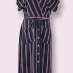 Spirit of Grace Dress Striped Navy Belted Midi Split V Photo 1