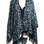 New York & Company Animal Print Knit Fringe Shawl Sweater Cape Scarf Gray Black Photo 0