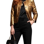 Talbots Petites 8 Soft Gold Metallic Button Closure 100% Leather Jacket Luxury Photo 0