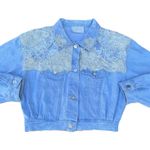 Rare Vintage Floral Lace Beaded Embroidered Light Blue Denim Jean Cropped Jacket Size M Photo 0