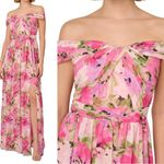 Adrianna Papell Floral Print Off the Shoulder Maxi Gown In Pink Size 10 Photo 1