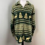 Vintage 90s Womens Fair Isle Moose Christmas Fleece Shirt Jacket Shacket Medium Green Photo 1