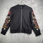 Du Jour Embroidered Bomber Jacket Womens S Black Floral Boho Festival Streetwear Photo 1