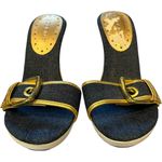 BCBGirls New BCBG Denim / Gold Buckles Mule Heels Pumps Shoes Boho Chic Y2K 70’s Size 7 Photo 2