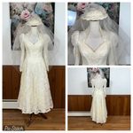 Elegant Vintage 1980s Ivory Lace Tea Length Wedding Gown & Hat Veil! Size 8 Photo 1