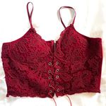Red Lace Corset Crop Top – Zipper Back, Faux Leather Tie Photo 6