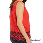 Crown & Ivy  MED red white cute blouse blue embroidered cherry scalloped bottom Photo 8