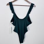 Cupshe  Forest Green Ruffle Ribbed One Piece V Neck Cheeky‎ Swimsuit Medium NWT Photo 1