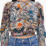 Maria Cher. Blue Purple Floral Abstract Blouse Rouched Cropped Silk size Large Photo 0