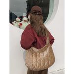 Large Puffer Quilted Women's Shoulder Tote Bag in Tan Photo 1