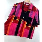 Vintage Bright Colorful Color Block Button up Blouse 80s Shoulder Pad Size Large Pink Photo 3