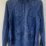 Free People  'Dottie Over You' Shirt M Floral Chambray Plaid Boho Western Cottage Photo 0