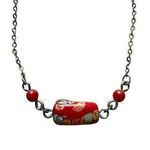 Silver bracelet red floral rectangle bead two small red beads and lobster claw Photo 0