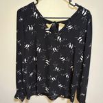 Loft  Black V Neck Tie Back White Bird Long Sleeve Bird Blouse XS Flowy Oversized Photo 0