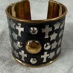 Gold Black Silver Tone Wide Cuff Bracelet Crosses Stars Circle Accents Open Back Photo 2