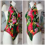 Boohoo  Green Red Tropical Floral Plunge Halter Neck One Piece Swimsuit Size 12 Photo 6