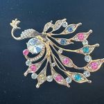 Peacock Gold Brooch with White, Pink and Blue Accents Photo 2