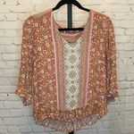 Rose & Thyme  Orange Printed Blouse Peplum Hem Size Large Boho Photo 0