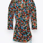 ZARA Blue Black Red Drawstring Floral Print Mini Dress Photo 1