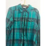 KAVU  Flannel Shirt Top Womens Sz L Green Plaid Button Corduroy Elbow Patches Photo 1