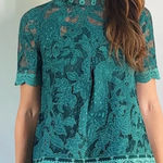 HD in Paris Anthropologie NWT Teal Lace Peacock Blouse Top Short Sleeve Petite Photo 0