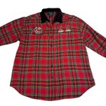 Vintage Quizz Again NY Christmas Santa Sleigh Reindeer Embroidered Plaid Shirt Red Size L Photo 2