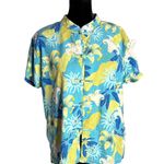 Vintage 100% Silk Tropical Print Top Women Size L Rum Runner Blue Retro Resort Size L Photo 0
