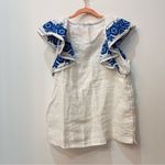 J.Crew 100% linen Flutter sleeve Embroidery blouse blue white size small Photo 86