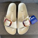 Birkenstock  Madrid Iridescent Big
Buckle Nubuck Leather Slide Sandal, Ecru,37EU Photo 9