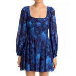AQUA  Women's Blue Floral Square Neck Long Sleeve Mini‎ Dress Photo 4