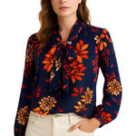 STYLUS Navy Floral Secretary Bow Tie Blouse Long Sleeve XL Retro Geek Blue Photo 0