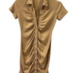 Lyaner Tan Ruched Bodycon Ribbed V Neck Button Front Short Sleeve Mini Dress M Size M Photo 6