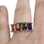 Emerald Cut Glass Stone Multicolored Rainbow Silver Tone Ring Photo 0