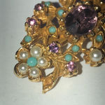 Vintage Gold Tone Teal Purple CZ Rhinestones Faux Pearl Brooch Shoulder Pin Photo 2
