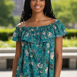 Loft  Teal and Lavender Floral Blouse Photo 0